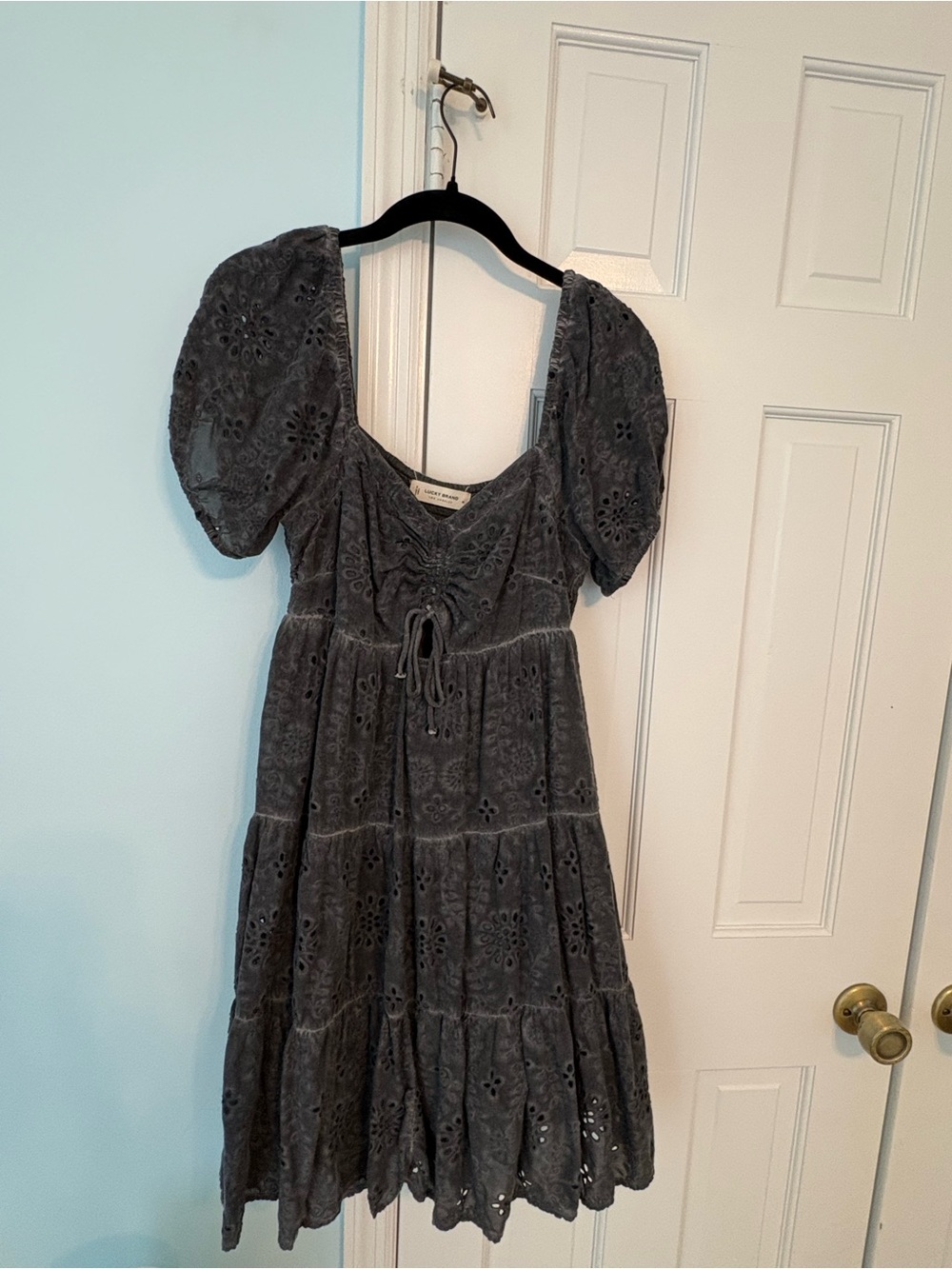 Lucky Brand Charcoal Eyelet Midi Dress with Puff Sleeves
